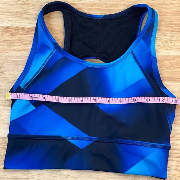 Athleta Sport Bra Keyhole Back‎ Reflective Logo Geometric Black Blue Size S - Picture 7 of 10